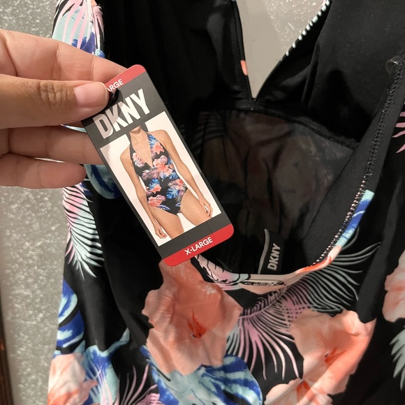 DKNY Black and Pink Floral Kids One Piece Swimsuit - Picture 3 of 3